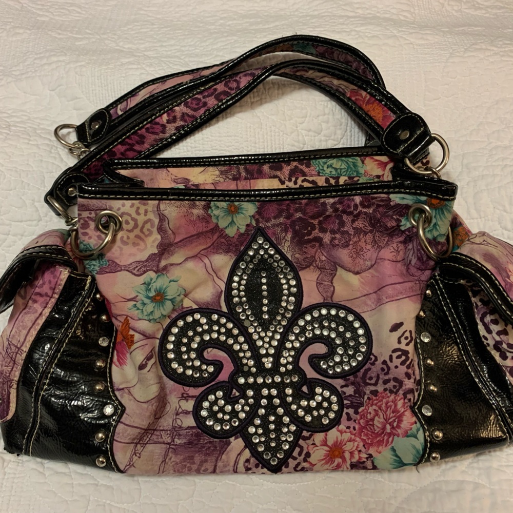 Pink and Black Shoulder Bag with Floral Accents and Metallic Details